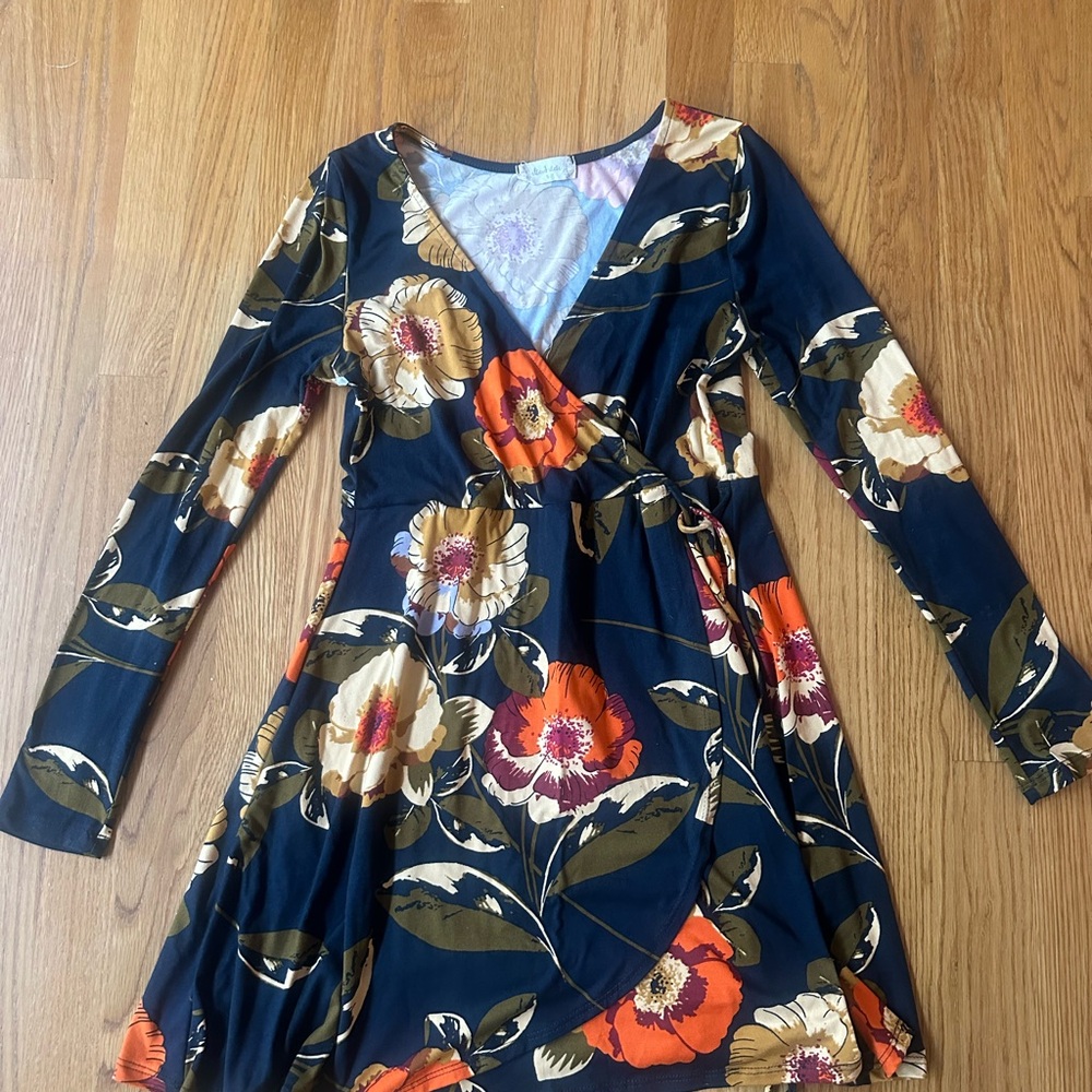 Altar'd State Floral Wrap Dress - Navy and Orange
